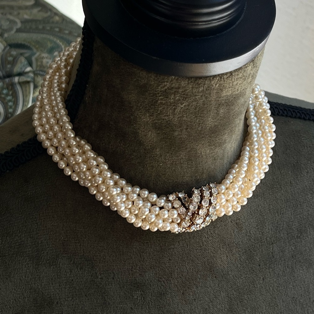 Vintage Ciner Rhinestone Knot Clasp Multi Stranded Glass Pearl Layered Necklace
